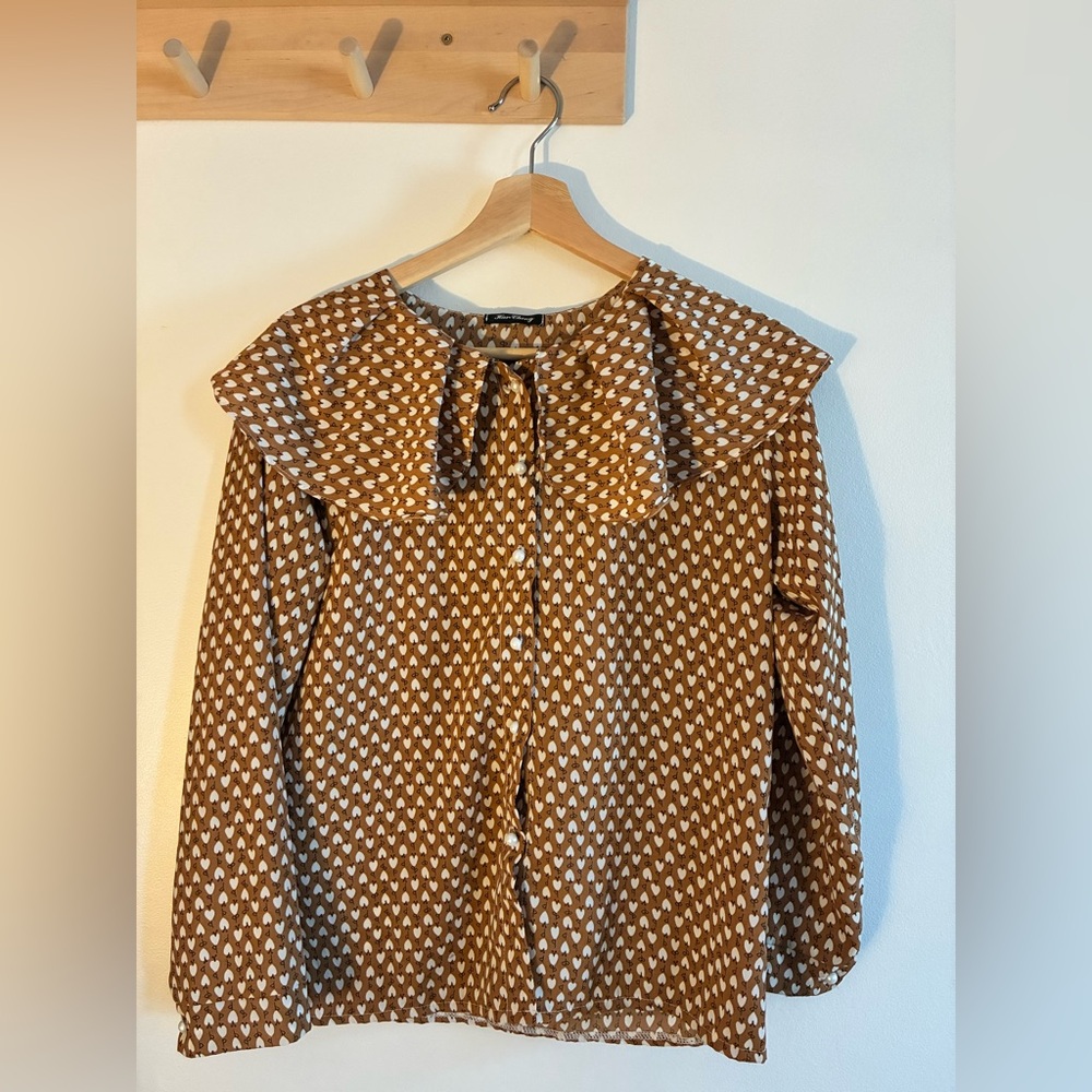 Brown Printed Button-Down Blouse with Statement Collar